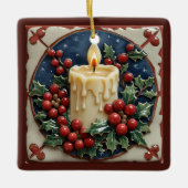 Witte kerstkaars vierkant keramisch ornament (Voorkant)