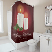 Witte kerstkaarsen op rood met aangepaste tekst douchegordijn (In situ)