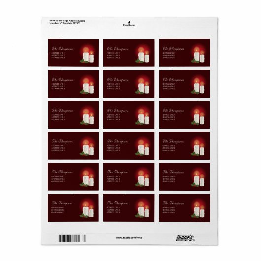 Witte kerstkaarsen op rood met aangepaste tekst etiket (Full Sheet)