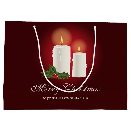 Witte kerstkaarsen op rood met aangepaste tekst groot cadeauzakje (Achterkant)
