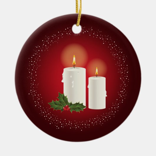 Witte kerstkaarsen op rood met aangepaste tekst keramisch ornament (Voorkant)