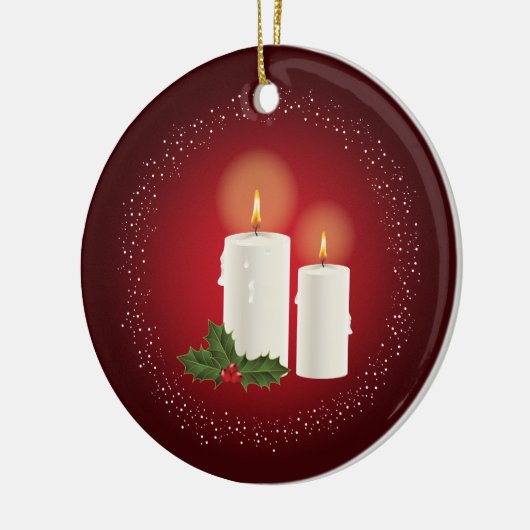 Witte kerstkaarsen op rood met aangepaste tekst keramisch ornament (Links)