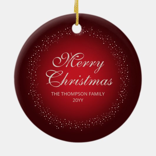 Witte kerstkaarsen op rood met aangepaste tekst keramisch ornament (Achterkant)
