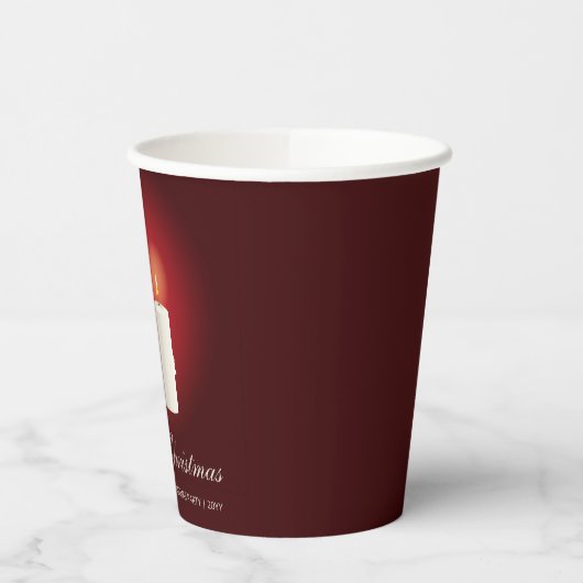 Witte kerstkaarsen op rood met aangepaste tekst papieren bekers (Links)