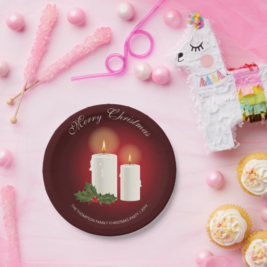 Witte kerstkaarsen op rood met aangepaste tekst papieren bordje (Feest)