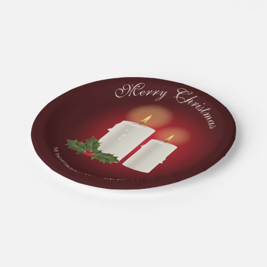 Witte kerstkaarsen op rood met aangepaste tekst papieren bordje (Gekanteld)