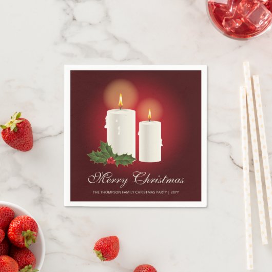 Witte kerstkaarsen op rood met aangepaste tekst servet (Insitu)