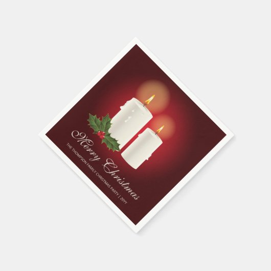 Witte kerstkaarsen op rood met aangepaste tekst servet (Hoek)