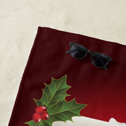 Witte kerstkaarsen op rood met aangepaste tekst strandlaken (In situ)