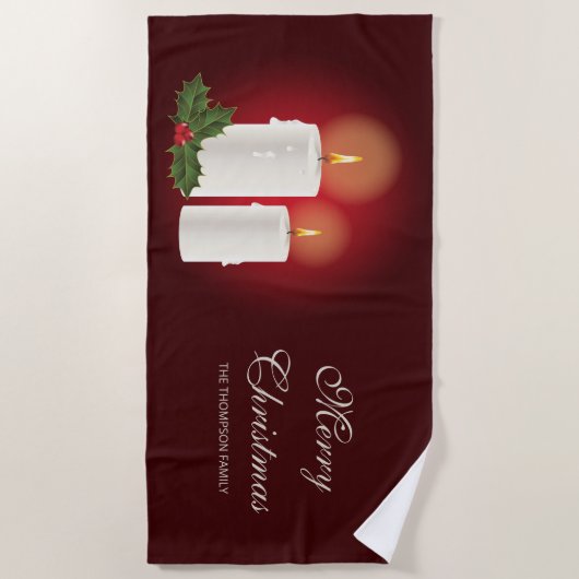 Witte kerstkaarsen op rood met aangepaste tekst strandlaken (Voorkant)