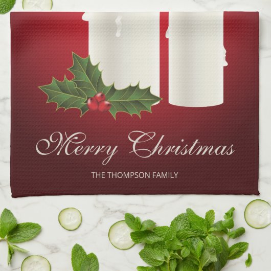 Witte kerstkaarsen op rood met aangepaste tekst theedoek (Gevouwen)