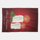 Witte kerstkaarsen op rood met aangepaste tekst theedoek (Horizontaal)