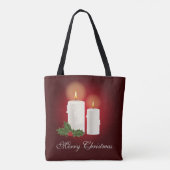 Witte kerstkaarsen op rood met aangepaste tekst tote bag (Achterkant)