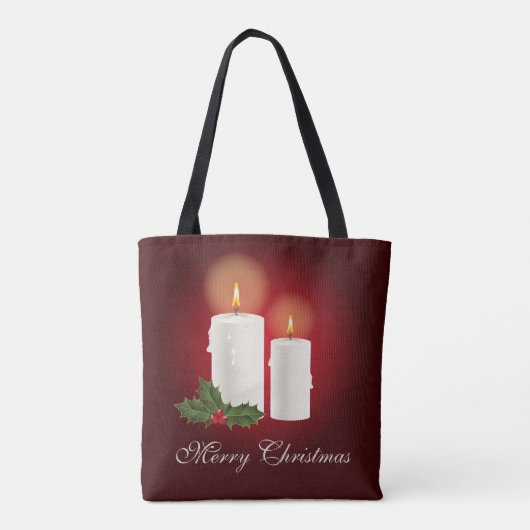 Witte kerstkaarsen op rood met aangepaste tekst tote bag (Achterkant)