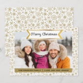 Witte kerstkaart met gouden sneeuwvlokken en foto (Voorkant / Achterkant)