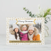 Witte kerstkaart met gouden sneeuwvlokken en foto (Staand voorkant)