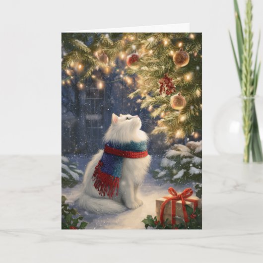 Witte Kerstkat Feestdagen Kaart (Voorkant)