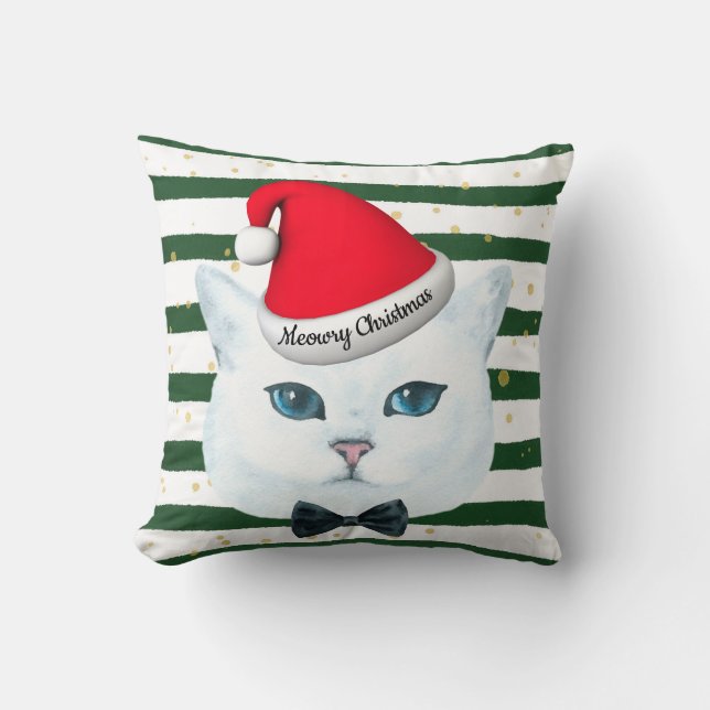 Witte kerstkat Groene Stripe Accessoire Pillow Kussen (Voorkant)