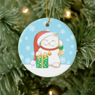 Witte Kerstkat in een Rode Hoed Keramisch Ornament