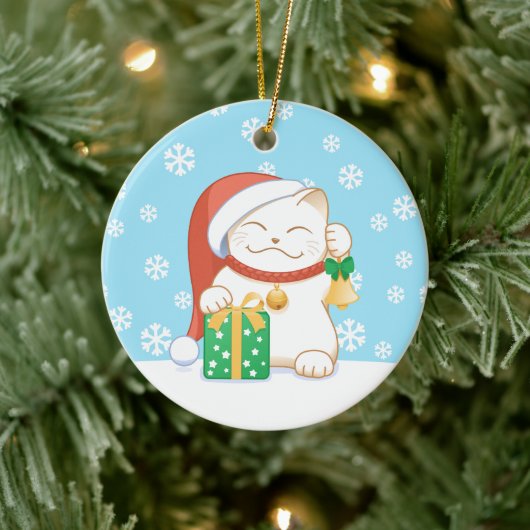 Witte Kerstkat in een Rode Hoed Keramisch Ornament (Boom)