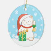 Witte Kerstkat in een Rode Hoed Keramisch Ornament (Links)