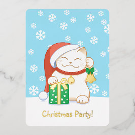 Witte kerstkat in een Rode Pet party Folie Uitnodiging