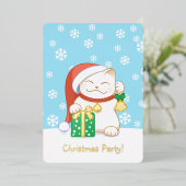 Witte kerstkat in een Rode Pet party Folie Uitnodiging (Staand Voorkant)