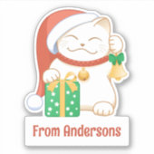 Witte Kerstkat in een rood Pet Aangepaste tekst Sticker (Voorkant)