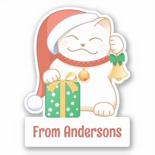Witte Kerstkat in een rood Pet Aangepaste tekst Sticker (Voorkant)