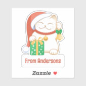 Witte Kerstkat in een rood Pet Aangepaste tekst Sticker (Vel)