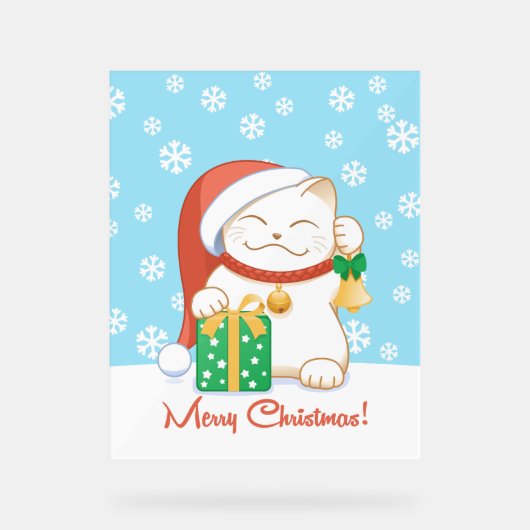 Witte kerstkat in een rood Pet Acryl Bord (Voorkant)