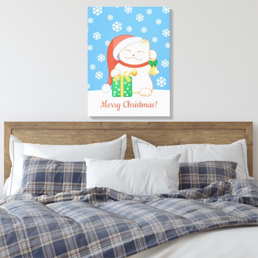 Witte kerstkat in een rood Pet Canvas Afdruk (Insitu (Slaapkamer))
