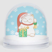 Witte Kerstkat in een rood Pet Custom Name Sneeuwbol (Voorkant)