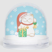 Witte Kerstkat in een rood Pet Custom Name Sneeuwbol (Achterkant)