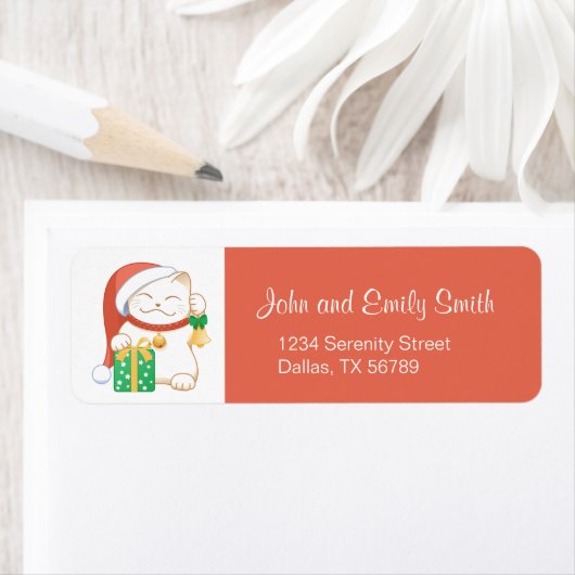 Witte kerstkat in een rood Pet Etiket (Insitu)