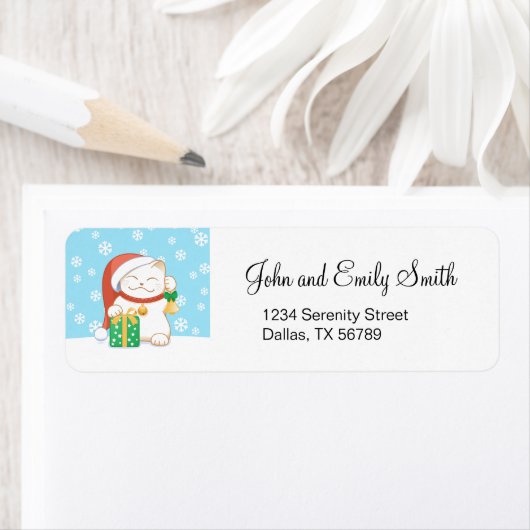 Witte kerstkat in een rood Pet Etiket (Insitu)