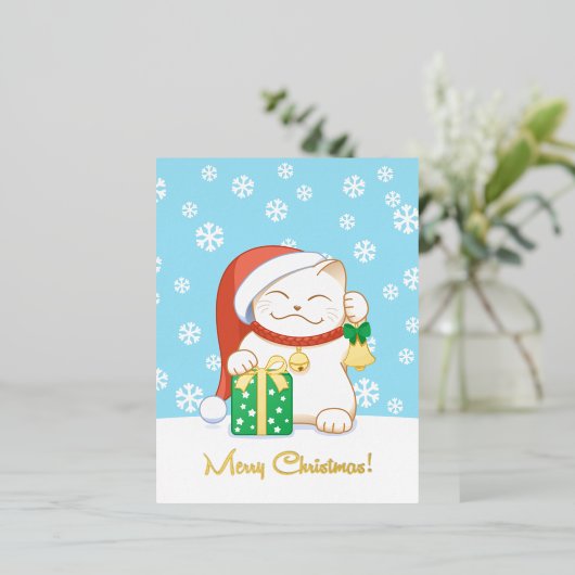 Witte kerstkat in een rood Pet Folie Feestdagen Briefkaart (Staand Voorkant)