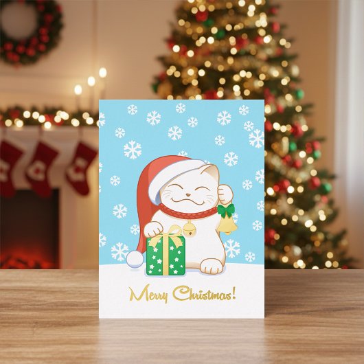 Witte kerstkat in een rood Pet Folie Feestdagen Briefkaart