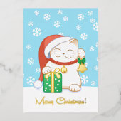 Witte kerstkat in een rood Pet Folie Feestdagenkaart (Voorkant)