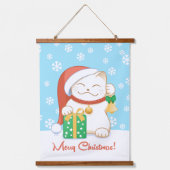 Witte kerstkat in een rood Pet Hangend Wandkleed (Voorkant)