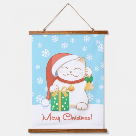 Witte kerstkat in een rood Pet Hangend Wandkleed (Voorkant)