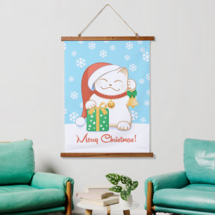 Witte kerstkat in een rood Pet Hangend Wandkleed