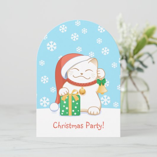 Witte kerstkat in een rood Pet Kaart (Staand voorkant)