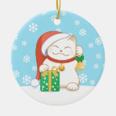 Witte kerstkat in een rood Pet Keramisch Ornament (Voorkant)