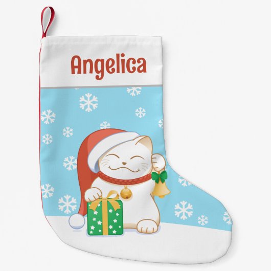 Witte kerstkat in een rood Pet Kleine Kerstsok (Voorkant)