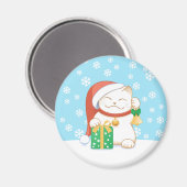 Witte kerstkat in een rood Pet Magneet (Voorkant / Achterkant)