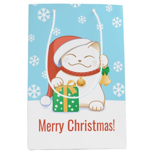 Witte kerstkat in een rood Pet Medium Cadeauzakje (Voorkant)