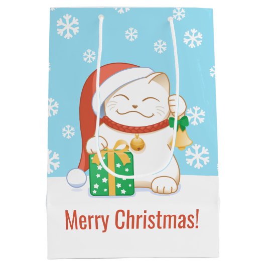 Witte kerstkat in een rood Pet Medium Cadeauzakje (Achterkant)