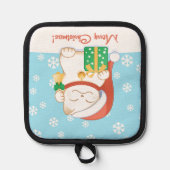 Witte kerstkat in een rood Pet Pannenlap (Voorkant)