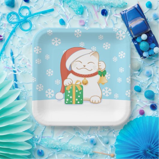 Witte kerstkat in een rood Pet Papieren Bordje (Feest)